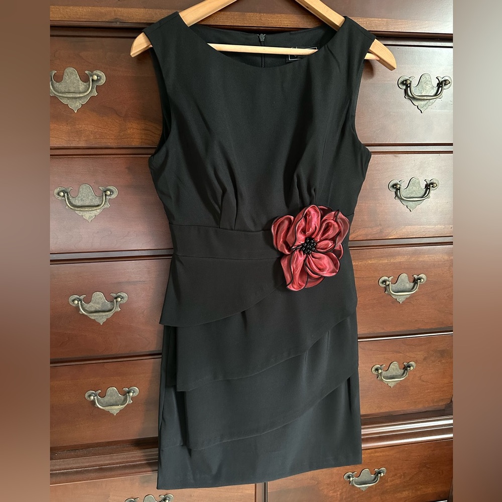 Black Sleeveless Tiered Dress with Red Floral Accent